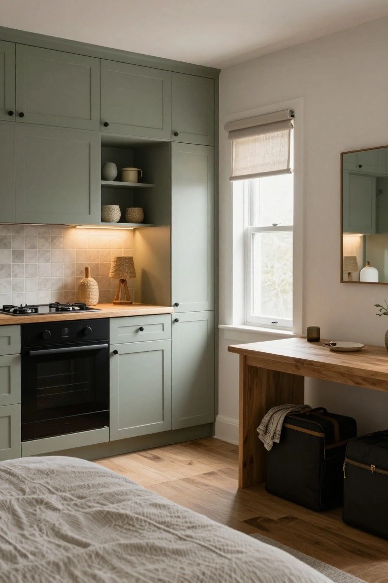 Compact kitchenette featuring sage green shaker-style cabinets, wood countertop and flooring, black oven, wooden table with bags nearby, and bed in the corner of a light room with window and mirror.