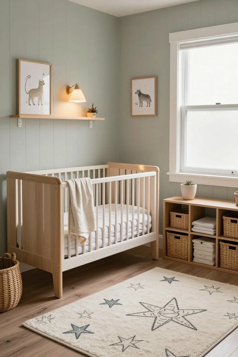 Cozy nursery room featuring pale green shiplap walls, blonde wood crib with white blankets, wood storage cubes filled with wicker baskets and folded linens, star-patterned white rug on light wood floors, and framed cat and unicorn prints near a window.