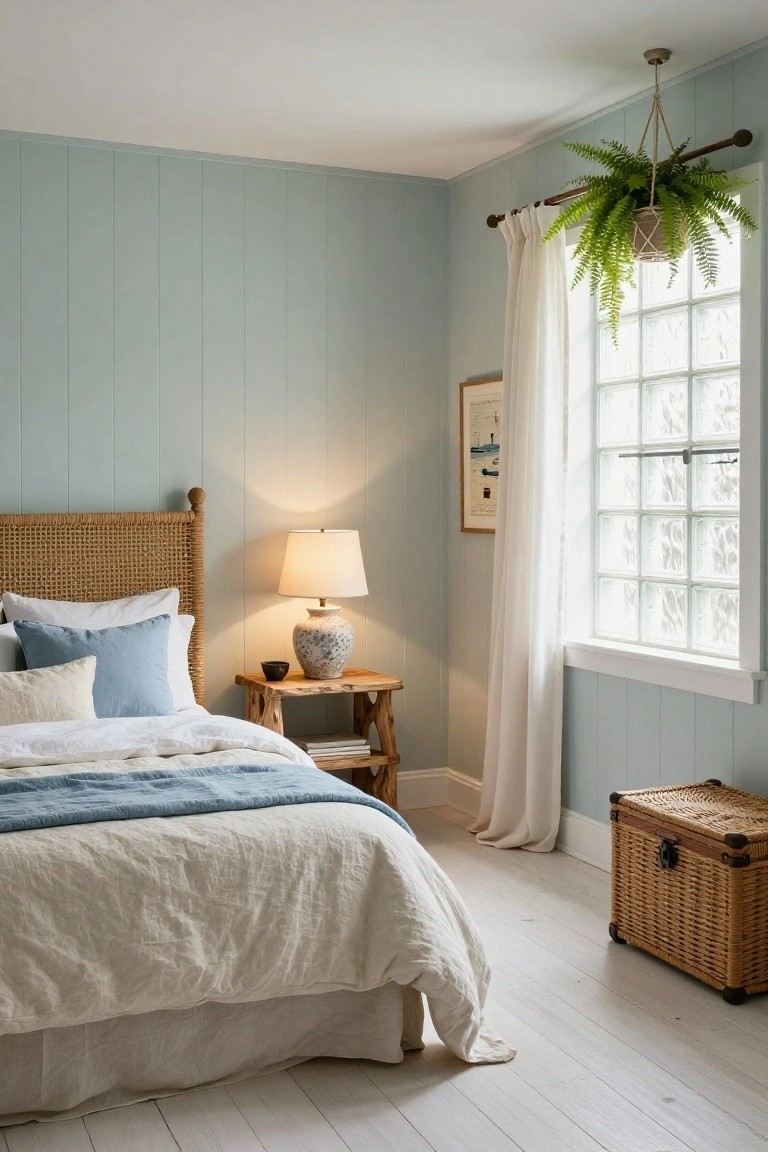 Bedroom corner featuring pale blue shiplap walls, rattan headboard bed with white linen bedding and blue pillows, wooden nightstand with ceramic lamp, sheer white curtains on block-glass window with hanging fern plant, whitewashed wood floor, and wicker trunk nearby.