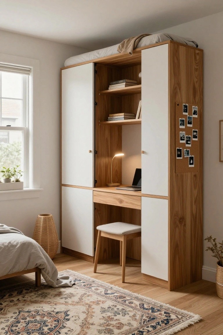 Tall wooden built-in furniture unit in a bedroom with loft bed on top, open shelves with books, desk with laptop and lamp at bottom, stool beside it, and bed on floor nearby.