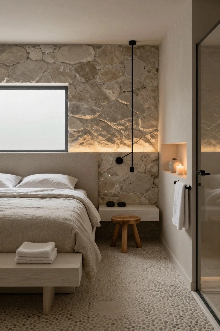 Bedroom with beige upholstered bed against a light gray textured stone wall, black pendant light, wooden stool and bench, stacked white towels, glass shower door, and pebble tile floor.