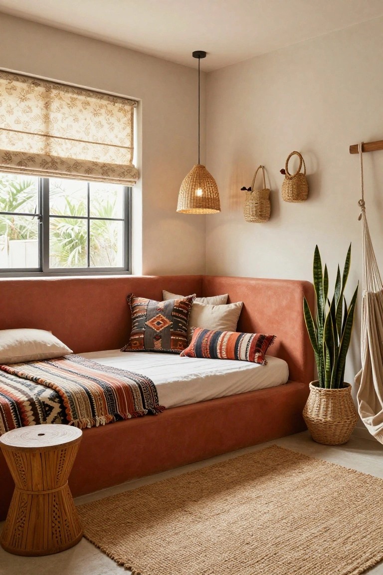 Corner daybed upholstered in terracotta fabric with assorted pillows, a multicolored woven blanket, and a potted snake plant next to it, in a beige room with rattan stool, hanging baskets, and window with plants outside.