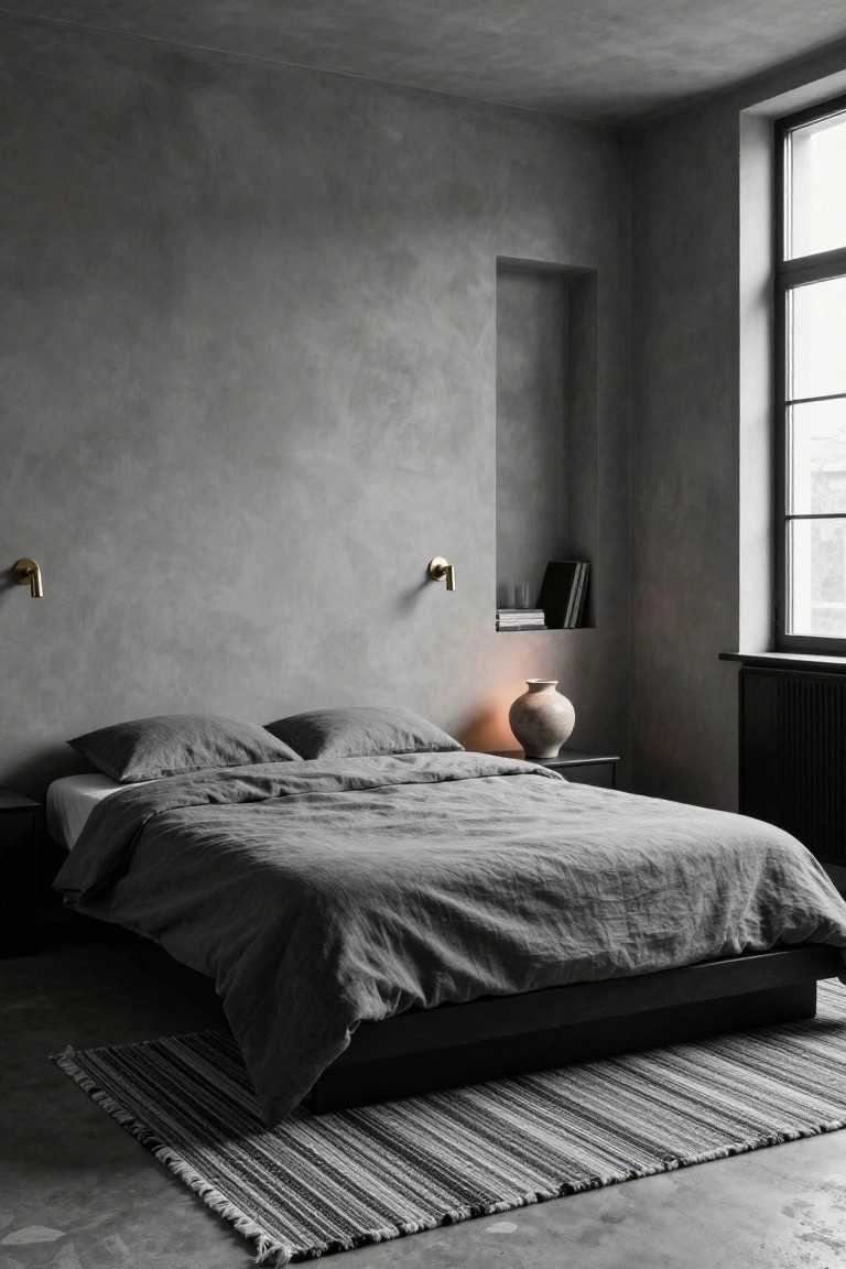 Minimalist bedroom with rough textured gray walls, low black platform bed draped in gray linen bedding, gold wall sconces, built-in niche shelf with books, bedside table holding a ceramic vase, and a large window beside a black radiator.