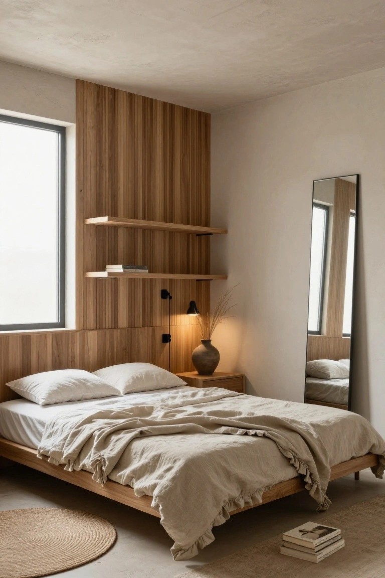A minimalist bedroom with vertical light wood slats on one wall, built-in floating shelves holding books, a low wooden bed with white sheets and beige linens, a bedside table with a vase and lamp, a tall slim mirror, and a seagrass rug on a concrete floor.