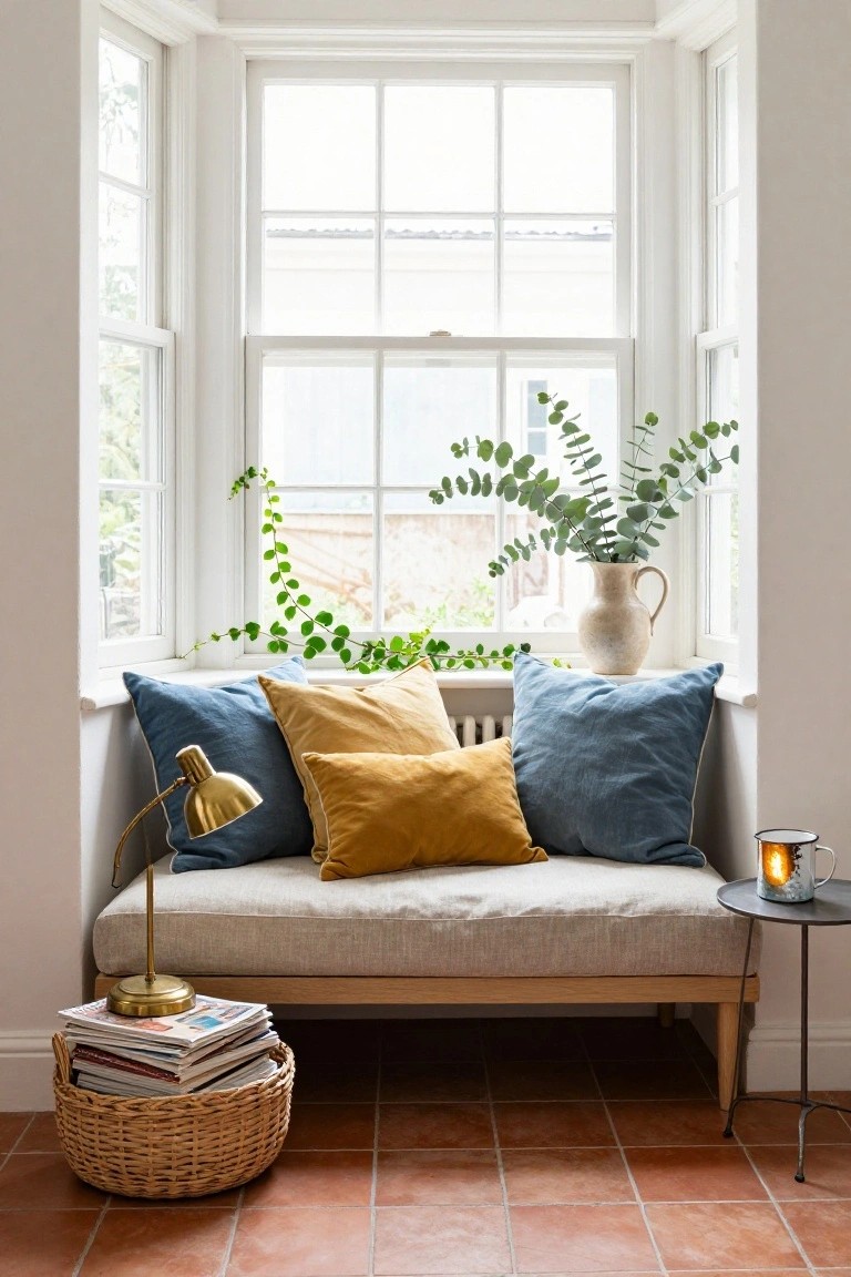 Cozy nook with a bench, colorful cushions, potted plants, and a lamp.
