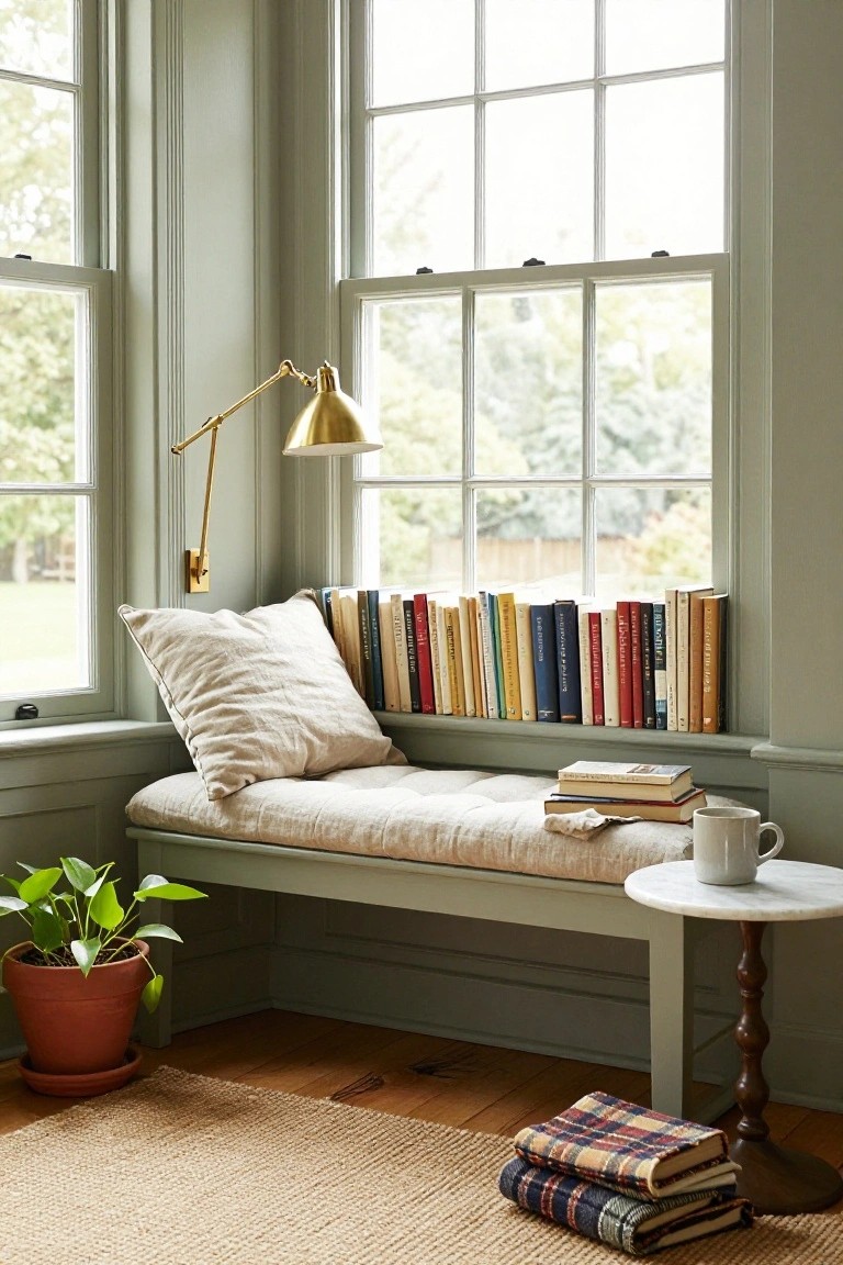 Sage green interior room with bay window featuring built-in bookshelves above a cushioned bench seat, adjustable brass lamp, potted green plant, white mug on marble side table, and stacked plaid blankets on wood floor.