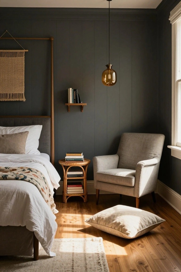 Cozy bedroom featuring a dark wall, rattan table, gray armchair, and warm lighting.
