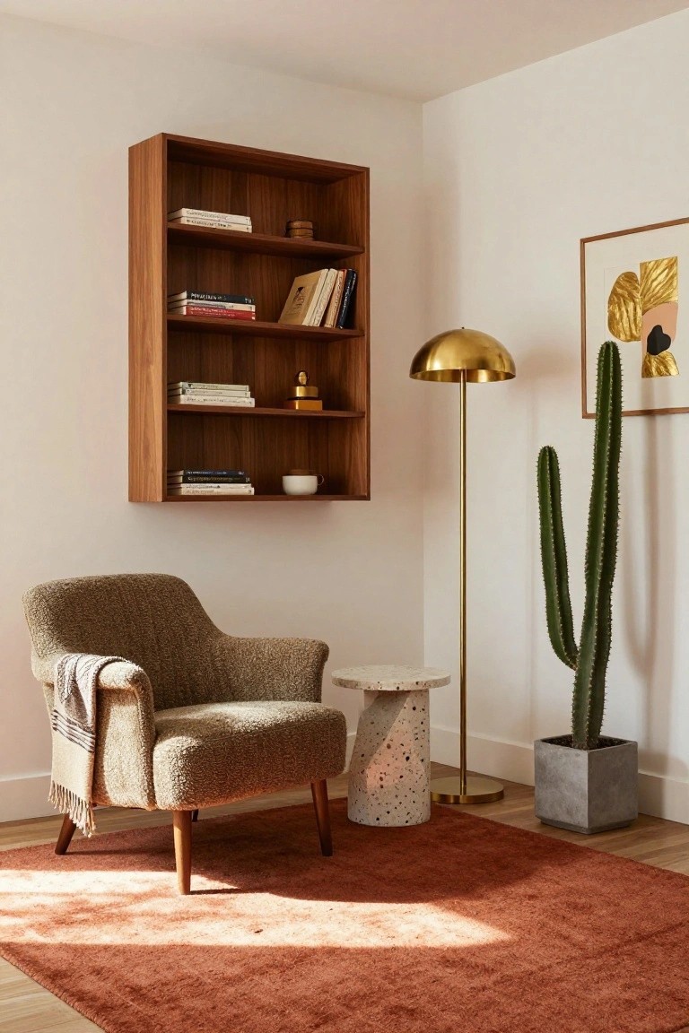 A white corner room with a tall narrow wooden wall-mounted bookshelf filled with assorted books ceramics and objects, a green upholstered armchair with beige throw blanket, speckled white side table, gold dome floor lamp, tall potted cactus, and framed abstract art on rust-colored rug.