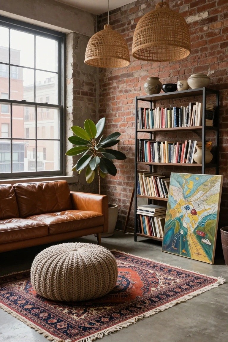 Loft-style reading nook with exposed brick walls, tall black metal bookshelves filled with assorted books ceramics and vases, tan leather sofa, white knit pouf on red Persian rug, large green potted plant, and colorful abstract painting propped on floor.