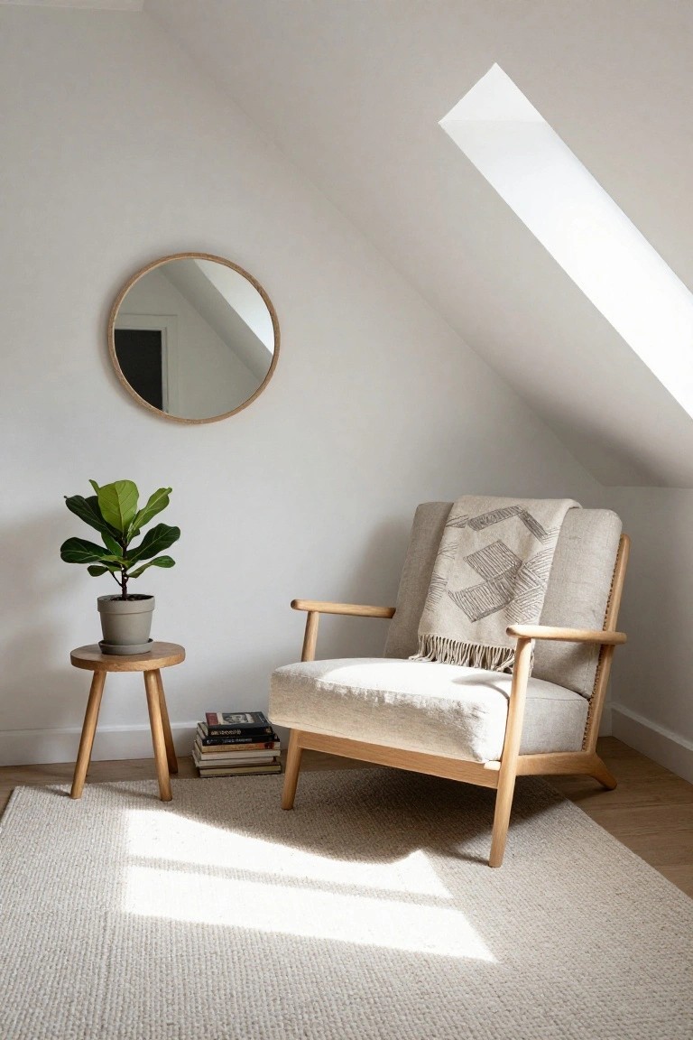 White-walled attic room with slanted ceiling and skylight featuring a beige upholstered wooden armchair with textured throw blanket, tripod stool holding potted ficus plant and stacked books, round wooden mirror on wall, and light rug on oak floor.