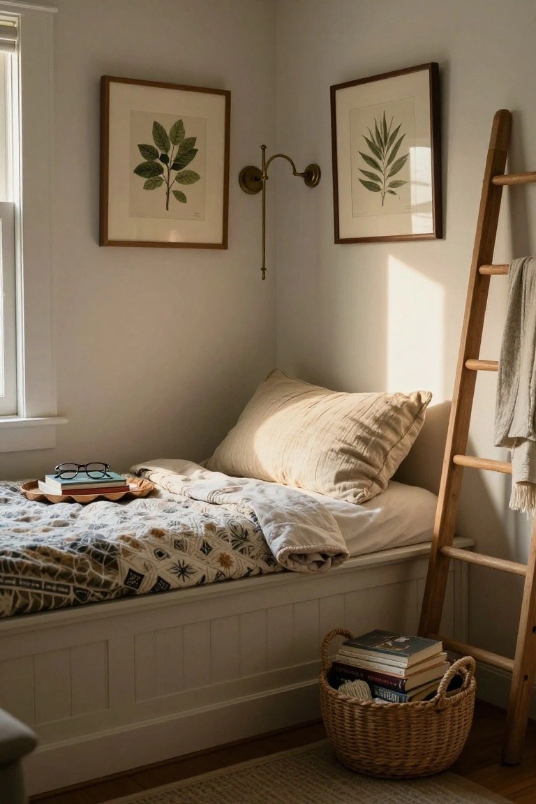 Corner indoor reading nook with white built-in bench bed under a window, covered by beige quilt and pillows, wooden ladder leaning on wall with draped towel, botanical leaf prints in wood frames on walls, glasses and books on scalloped tray atop bed, woven basket of books on wood floor beside beige rug.