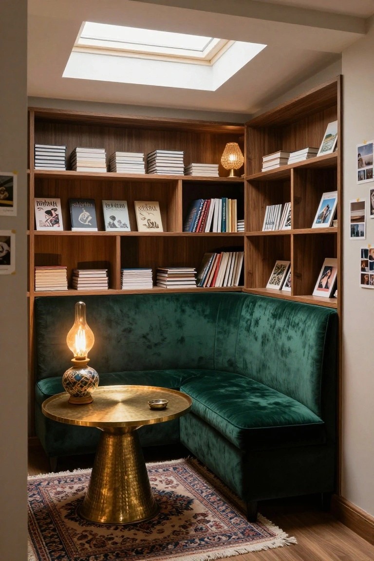 Corner reading nook with tall wooden bookshelves on three sides filled with stacked books and photos, green velvet bench seat, brass side table holding a lamp and vase, ceramic lamp on bench arm, and patterned rug on wood floor under skylight.