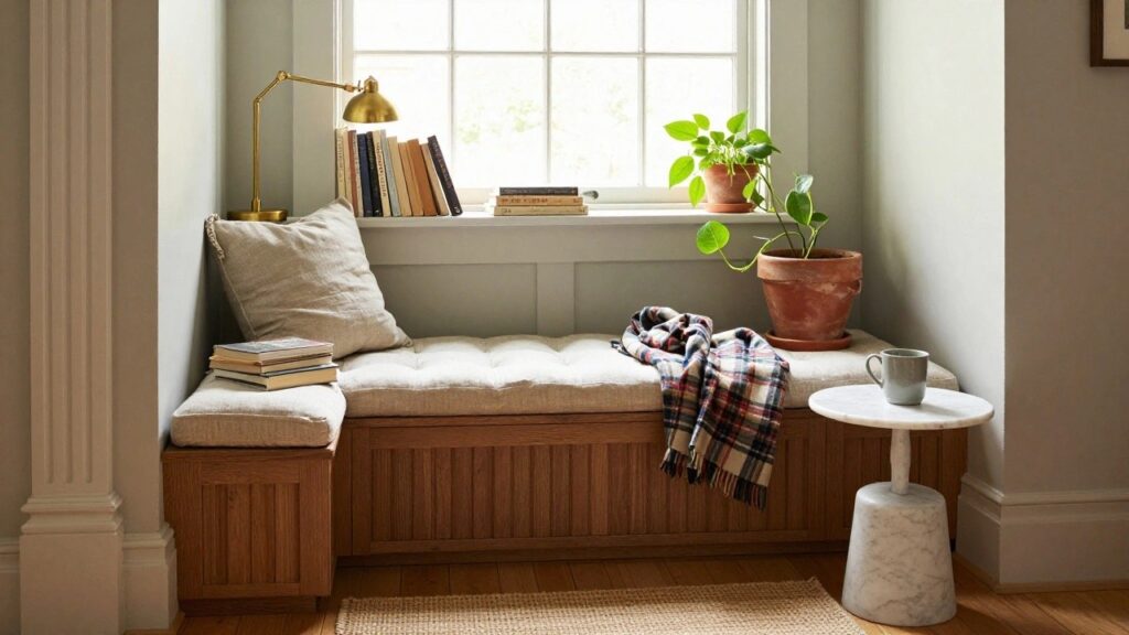 Sage green interior room with bay window featuring built-in bookshelves above a cushioned bench seat, adjustable brass lamp, potted green plant, white mug on marble side table, and stacked plaid blankets on wood floor.