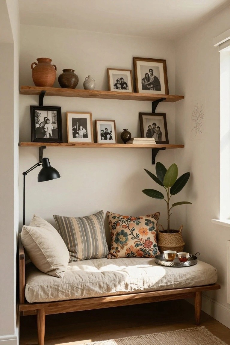 Wooden floating shelves displaying family photos in frames, ceramic pots, and books above a low wooden daybed with white and patterned pillows, a metal tray with teacups, potted plant, and black adjustable lamp in a white-walled corner room.