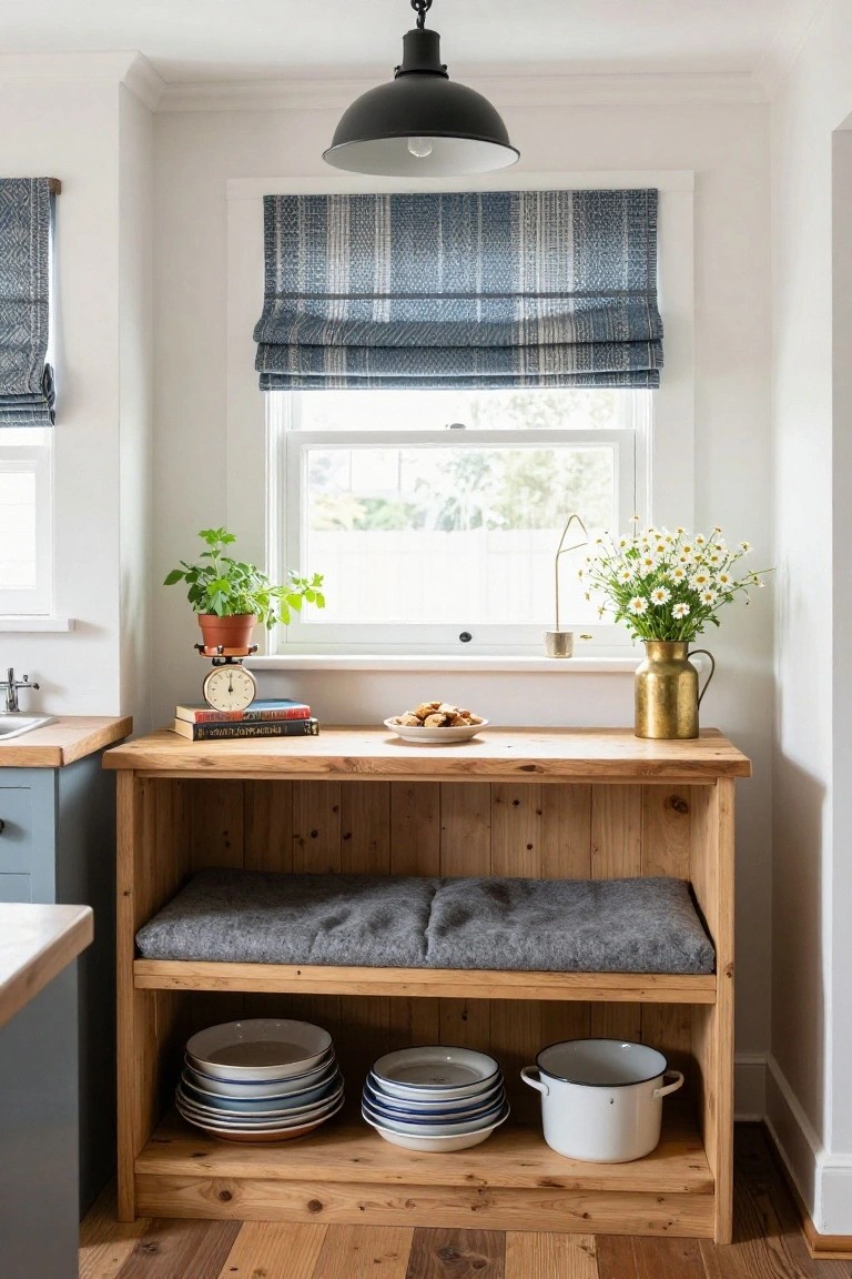 Wooden bench with gray cushion under kitchen window with blue plaid roman shade, open shelves below holding stacked plates and white enamel pot, countertop topped with books, analog clock, plate of cookies, potted herb plant, and brass pitcher of white daisies.