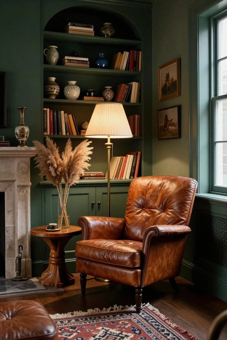 Green-painted corner room with arched built-in bookshelves filled with books and ceramics, tufted brown leather armchair, wooden side table, tall floor lamp, pampas grass in vase, and marble fireplace.