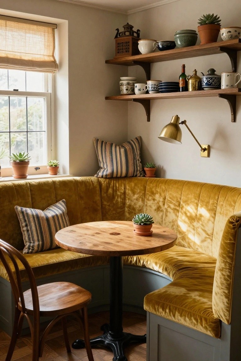 Corner indoor nook featuring mustard yellow tufted velvet banquette seating with striped pillows, round wooden pedestal table, wooden chair, small potted succulents, and wooden shelves displaying ceramics, bottles, and plants beside a window with bamboo shade.