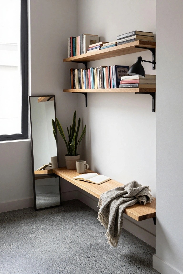Corner interior with two levels of wooden floating shelves holding assorted books, black desk lamp, tall thin mirror, potted snake plant, wooden bench with open book gray throw blanket and white mug, next to black-framed window on polished concrete floor