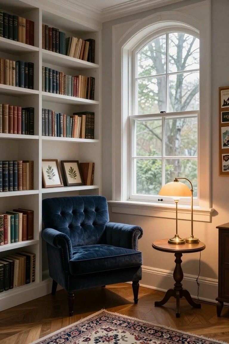 Corner of a library room featuring tall white bookshelves filled with assorted books, a blue tufted velvet armchair, a small wooden pedestal table with brass lamp, arched window overlooking trees, and patterned rug on parquet floor.