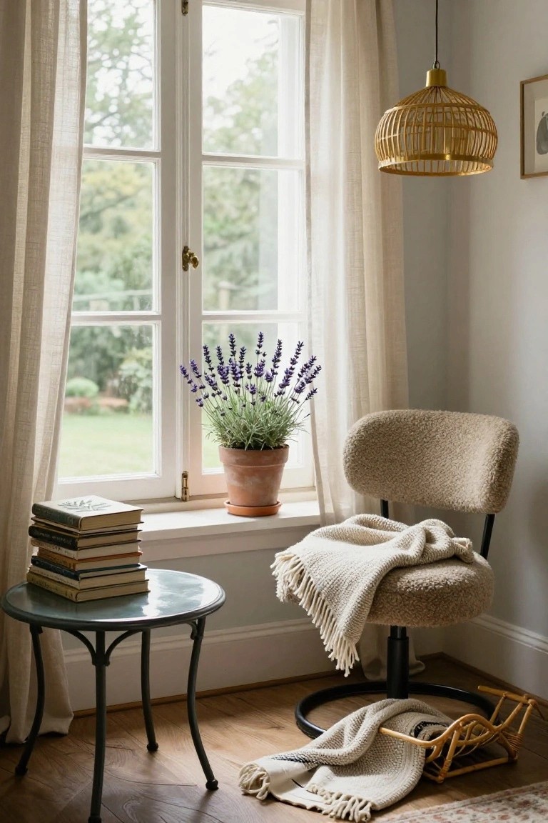 Light corner interior with large window draped in sheer linen curtains overlooking a garden, featuring a beige sheepskin swivel chair with white throw, stack of books and lavender plant on windowsill, small glass-topped metal table, and rattan pendant lamp.