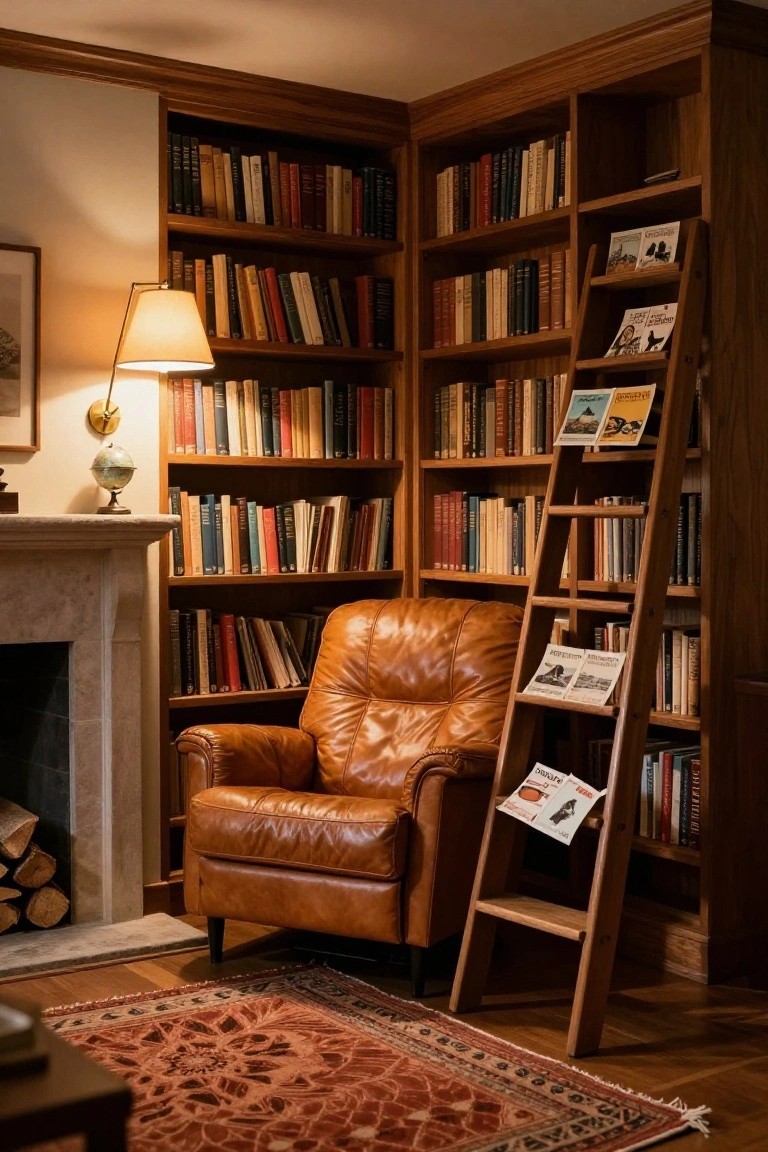 Corner reading nook with wooden floor-to-ceiling bookshelves, leaning wooden ladder, tan leather armchair by marble fireplace, globe, lamp, and oriental rug on wood floor.