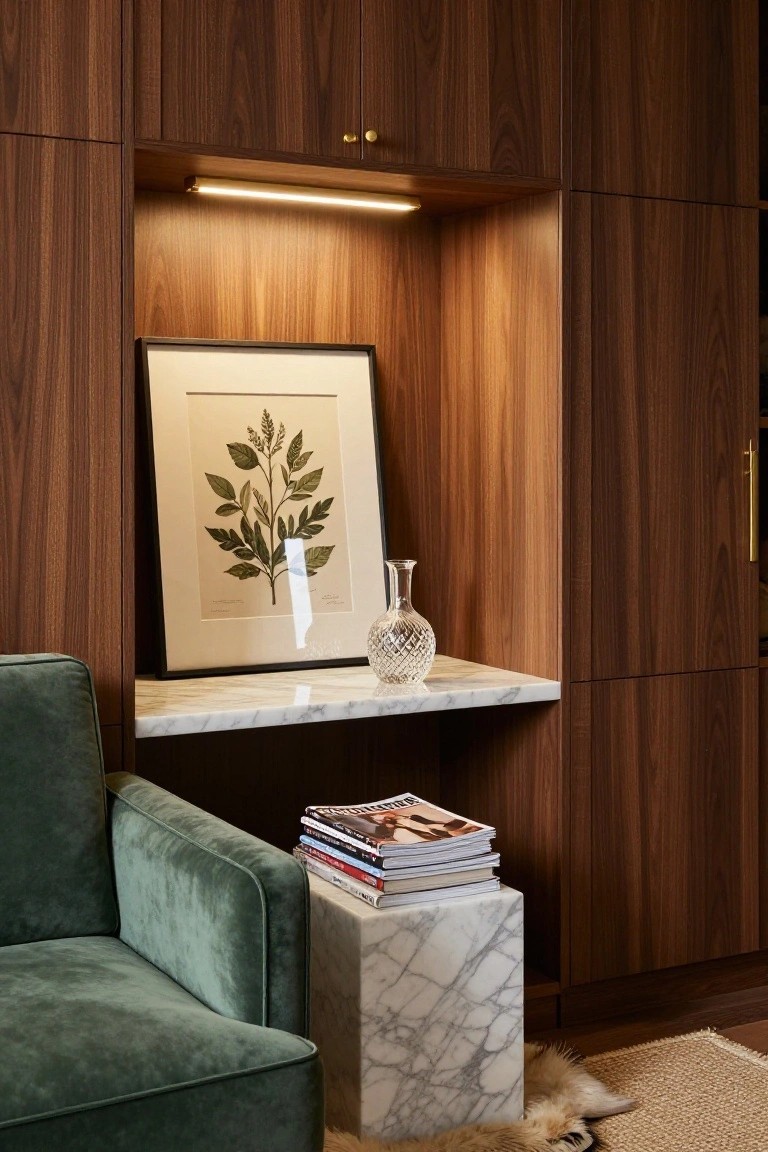 Green velvet armchair next to a white marble cube stool stacked with magazines, beside walnut cabinetry with a backlit recessed niche displaying a framed botanical artwork and cut-glass vase on a marble shelf, sheepskin rug on floor.