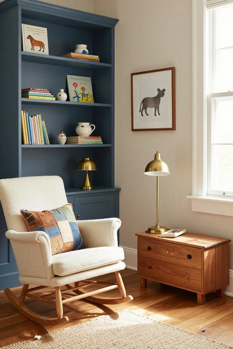 Cream upholstered rocking chair with colorful pillow next to wooden side table and brass lamp, beside navy built-in bookshelves stocked with books, ceramics, and art, in a beige-walled room with hardwood floors and window light.
