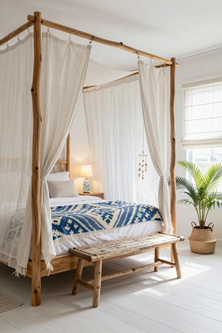 A bedroom with a four-poster canopy bed made from natural wood poles and draped in white sheer curtains, featuring a blue patterned duvet, bedside table with lamp, potted palm plant, woven basket, and wooden bench at the bed's foot on a white wood floor.