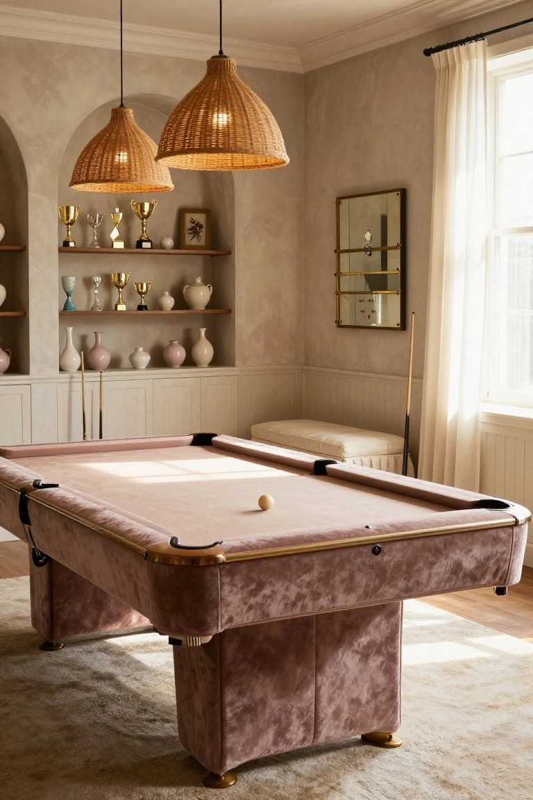 Blush pink upholstered pool table centered in a beige room with arched rattan pendant lights, wooden shelves holding trophies and vases, a cushioned bench, and sheer curtains on a window.