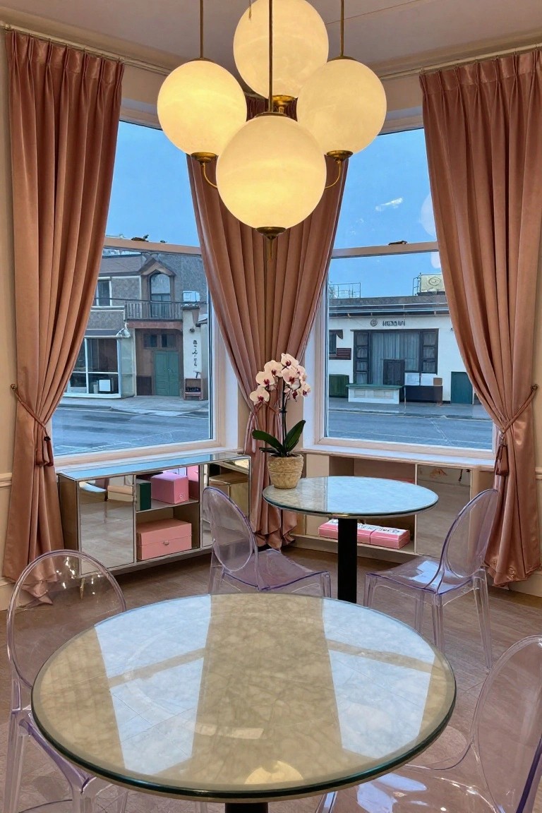 Corner interior with blush pink velvet curtains framing three large windows overlooking a street, featuring two glass tables, transparent acrylic chairs, a multi-globe chandelier, mirrored cabinet, and potted white orchids.