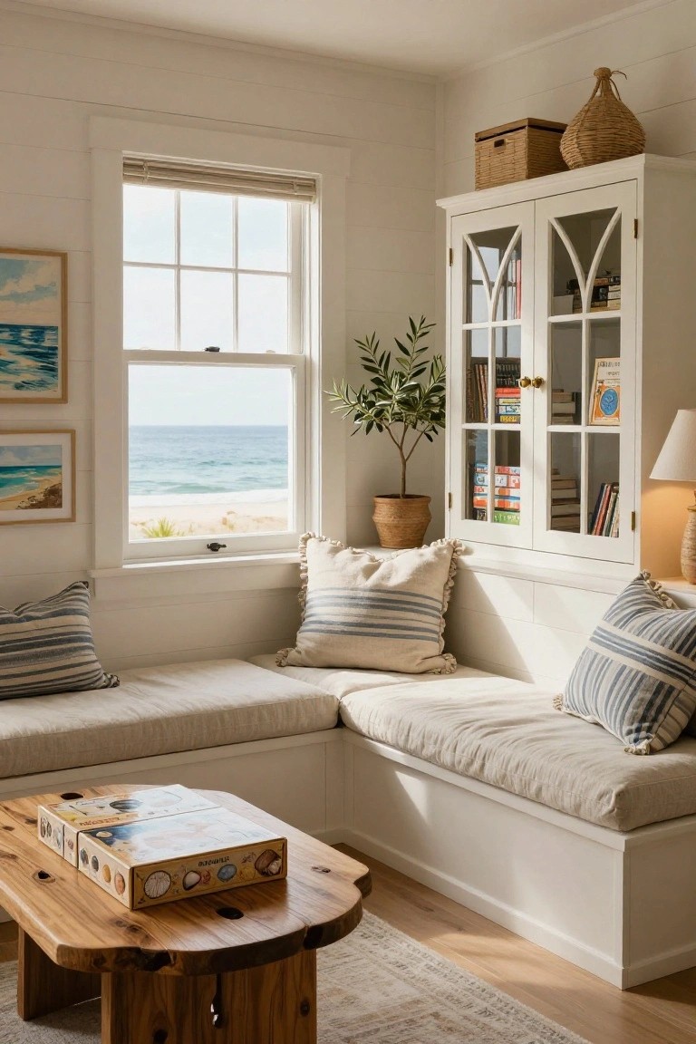 Bright white interior room with built-in corner bench seating covered in beige linen cushions and blue striped pillows, wooden low table holding board games, glass-door bookshelves, potted olive tree, and large window showing ocean view.
