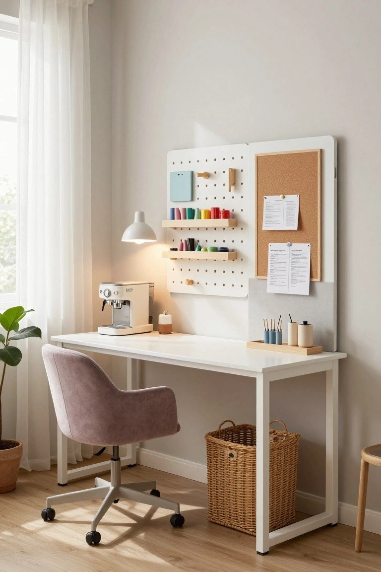 White desk with coffee machine in a light gray room featuring pegboard wall with colorful craft supplies, corkboard, purple upholstered chair, wicker basket, and potted plant.