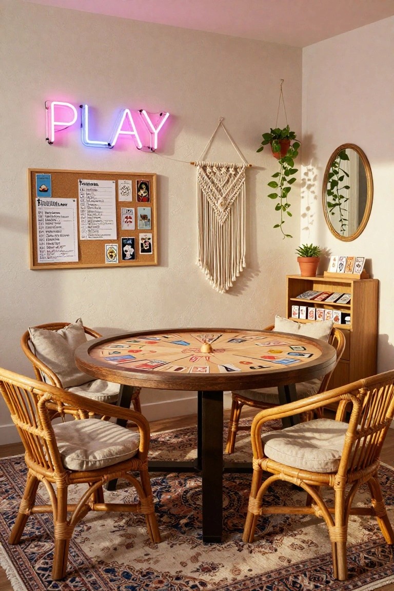 Indoor game room corner with round wooden table featuring printed playing card designs, four rattan chairs with beige cushions, neon pink and blue 
