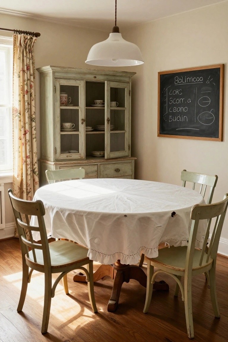 Sunlit interior with a round pedestal table draped in white lace cloth, four green painted chairs, an antique green glass-door credenza displaying cups and dishes, and a framed chalkboard listing drinks on the wall.