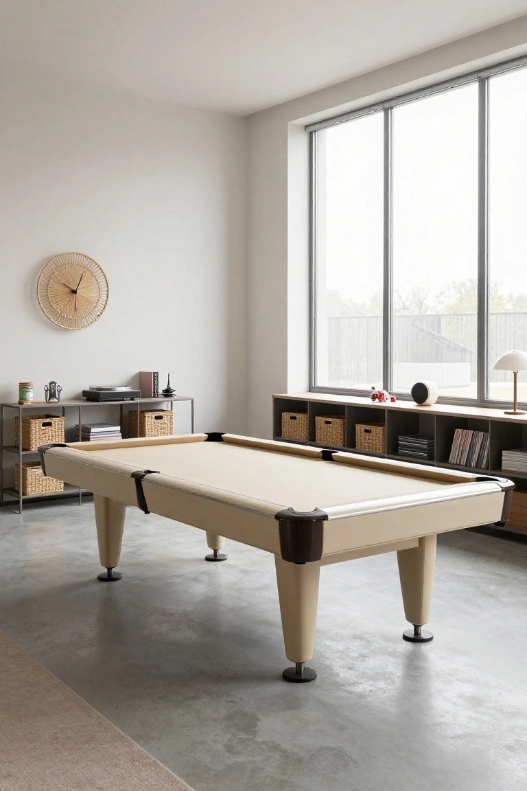 A beige pool table with black rail cushions and tapered legs centered in a minimalist white room with large triple windows, metal shelving with rattan baskets, wooden media console, and rattan wall clock.