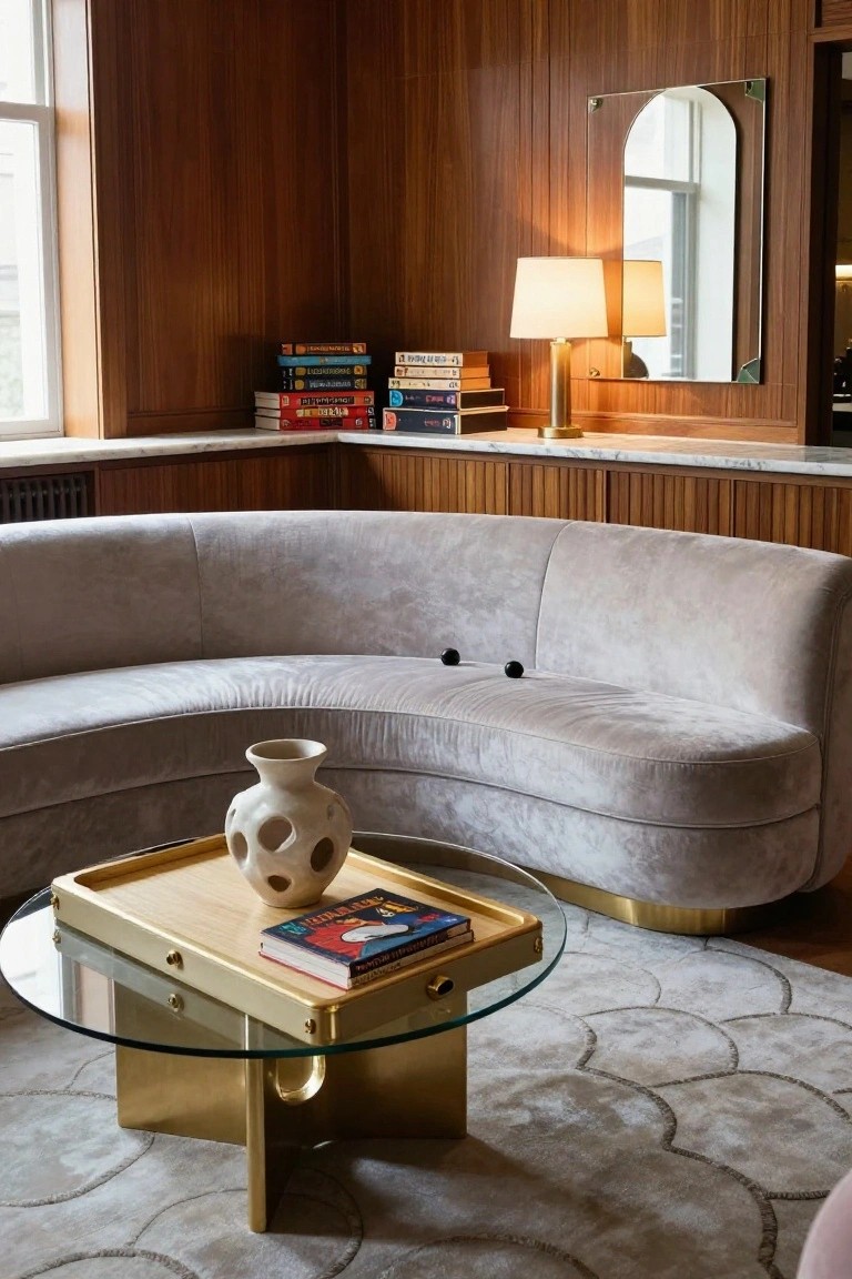 Wood-paneled interior corner with curved light gray velvet sofa, brass and glass coffee table holding a wooden tray with books and white vase with holes, two black balls on sofa, books on shelf nearby, two lamps on marble counter.