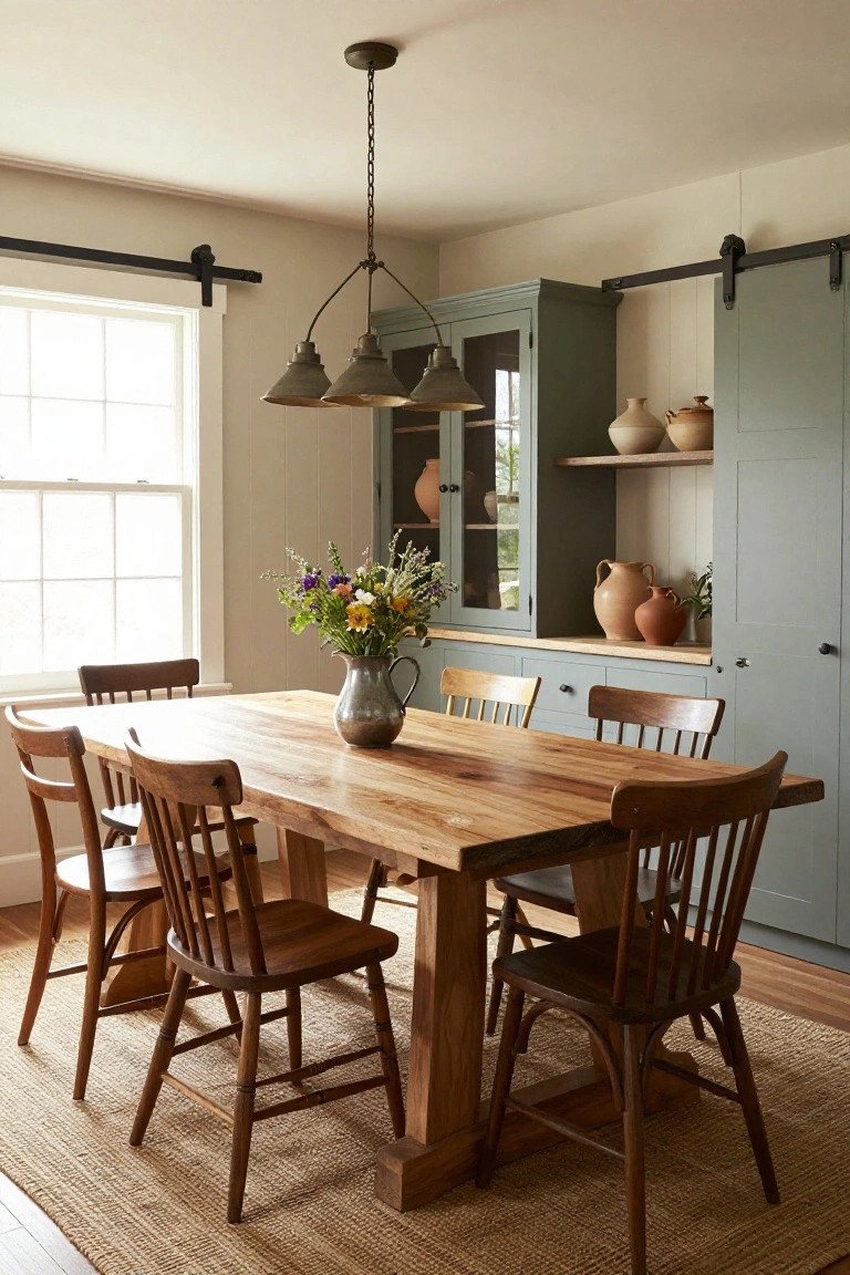 Rustic wooden dining table and chairs in a room with sage green built-in cabinets displaying pottery on shelves, a pendant light overhead, and a window nearby.