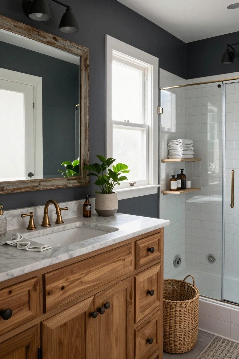 Bathroom with wood vanity cabinet, white marble sink, brass faucet, large rustic wood-framed mirror, navy gray walls, glass shower with shelves, potted plant, and wicker basket.
