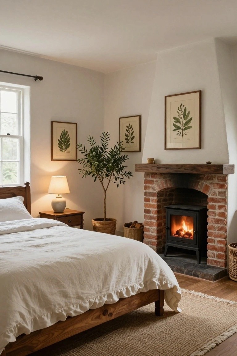Cozy bedroom with a lit stove in an arched brick fireplace, wooden bed with white linens, olive tree in basket pot, bedside lamp on wooden table, botanical prints on walls, seagrass rug on wood floor.