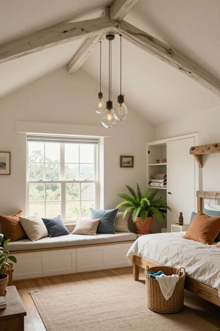 Farmhouse bedroom with exposed wooden ceiling beams, three pendant lights, built-in window seat with pillows under a large multi-pane window, wooden bed frame, potted plants, and neutral linens on oak floors.