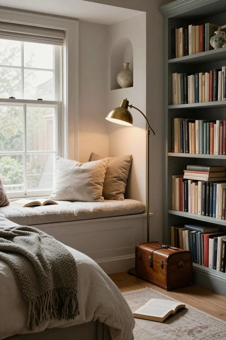 Cushioned beige window seat with pillows, open book, and gray knit throw under a large window, next to tall gray bookshelves filled with books, gold arc floor lamp, arched niche with vase, wooden trunk, and bed corner in a light bedroom with wooden floor and rug.