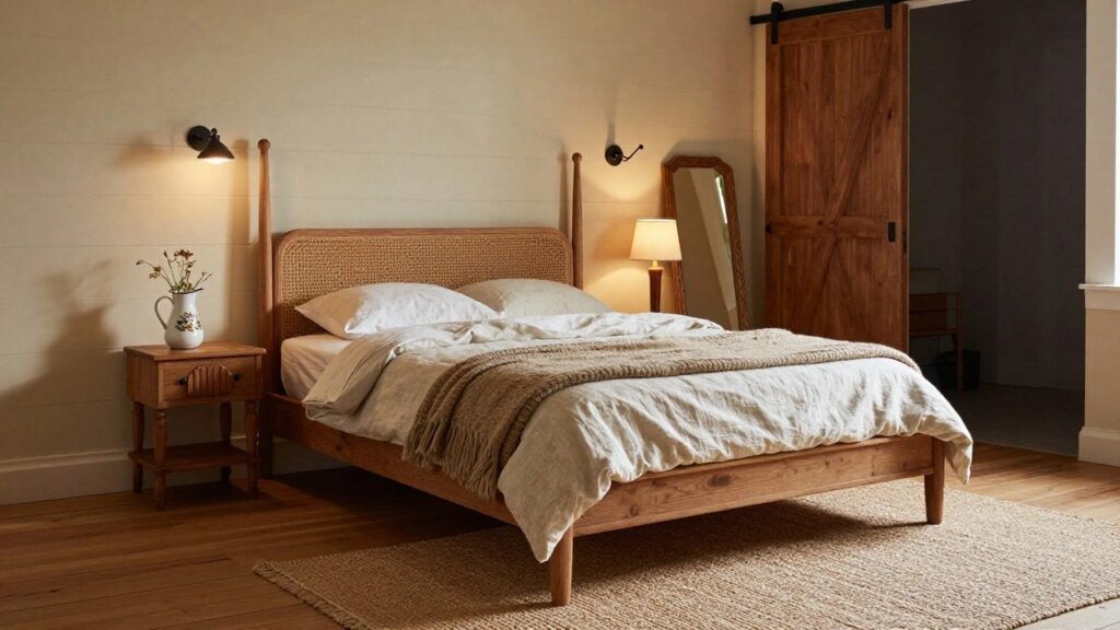 A bedroom with light shiplap walls, a wooden bed featuring rattan cane headboard and white linens with beige throw, black sconces, a full-length mirror, and barn-style sliding door.