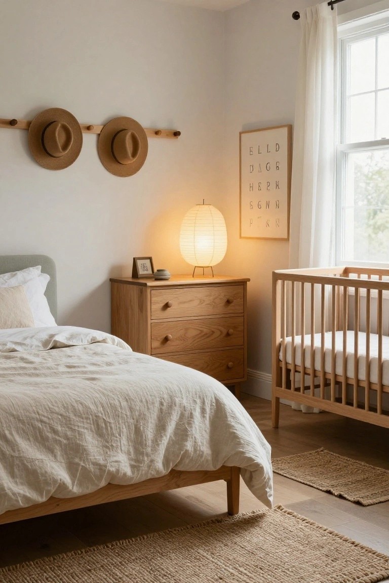 Bedroom corner with light oak bed draped in white linens, matching dresser topped with glowing paper lantern lamp and small vase, wooden crib nearby, two tan hats on wooden wall pegs, and lettered wall art beside a window with sheer white curtains.