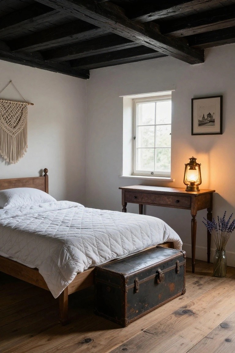 Cozy bedroom interior with black exposed beam ceiling, wooden bed frame and white quilted bedding, wooden nightstand holding a lit brass lantern, antique trunk at bed foot, macrame wall hanging, small framed print, window, and lavender stems in jar on wood floor.