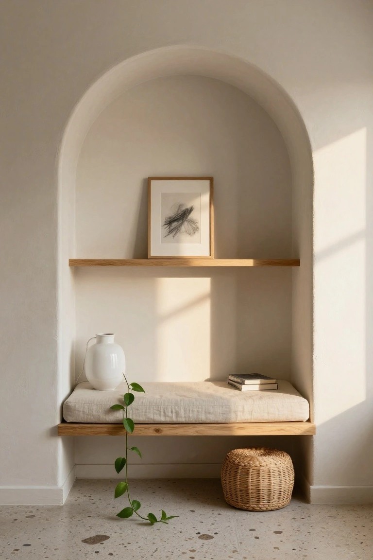 Light beige arched interior alcove with oak shelves holding framed abstract artwork and white vase with trailing plant, linen bench cushion with open book, and woven footstool on speckled floor.