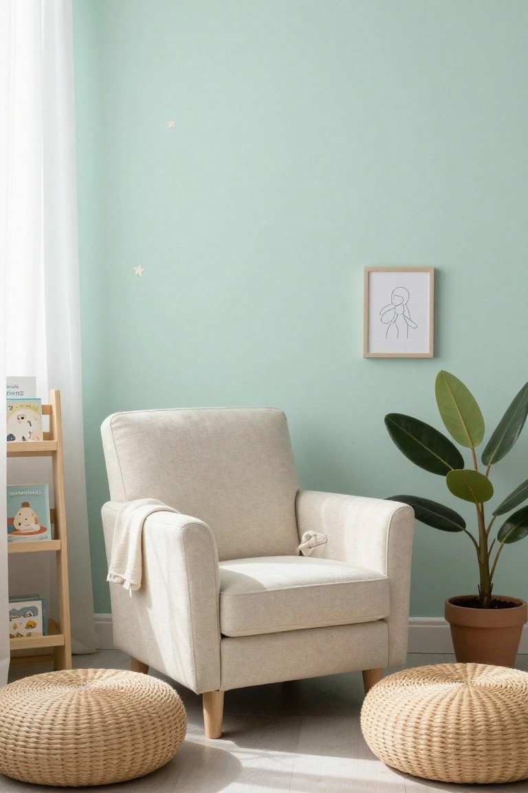 Cream fabric armchair with throw blanket in mint green room, wooden bookshelf with children's books, two beige woven poufs on floor, potted plant, and line drawing artwork on wall.