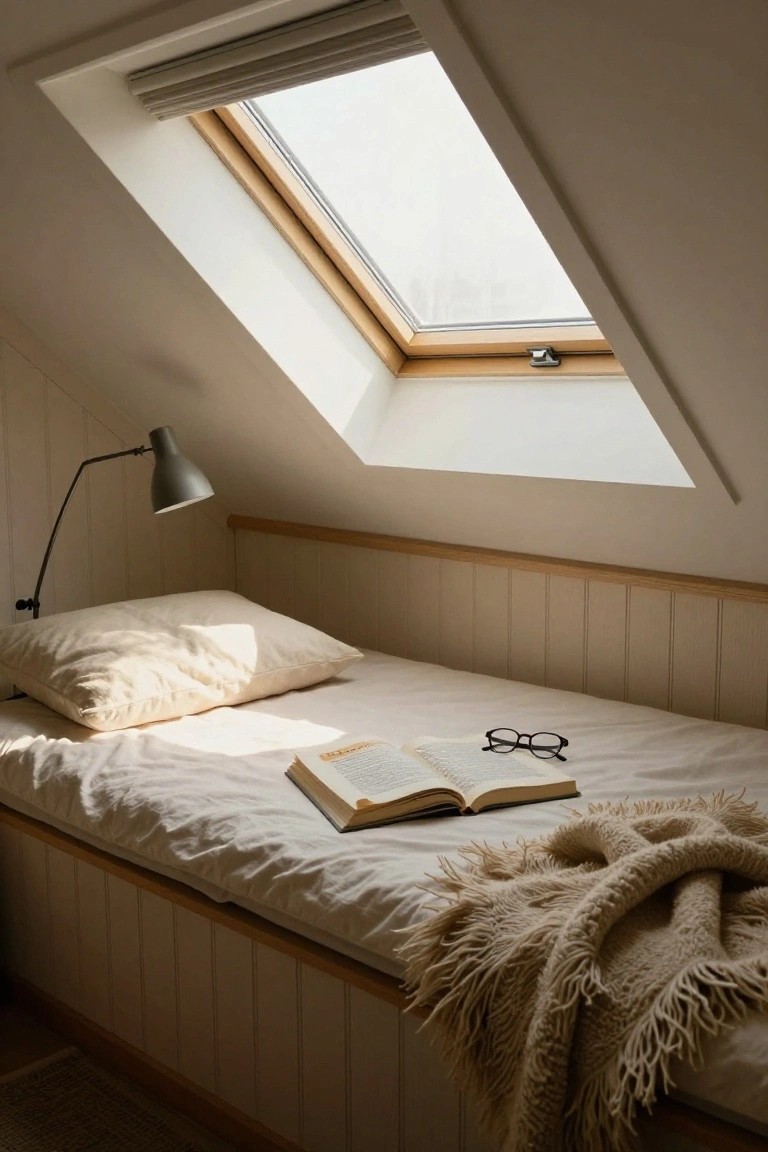 Minimalist attic reading nook with low built-in bed under sloped ceiling, white bedding, open book and glasses on bed, fringed throw blanket, adjustable lamp, wooden paneling, and skylight.