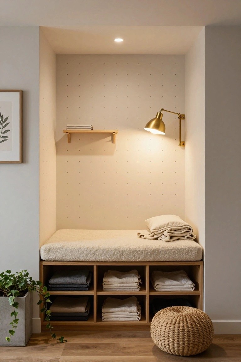 Recessed alcove with light beige cushioned bench on wooden frame, built-in cubbies storing folded linens below, pegboard back wall, wooden wall shelf with book, gold swing-arm lamp, framed leaf print, potted trailing plant, and rattan pouf on light wood floor.