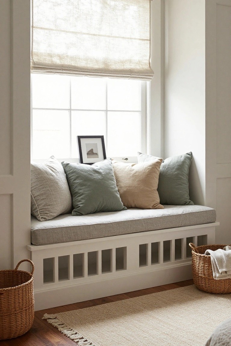 White built-in window bench with gray cushioned seat and stacked neutral pillows in beige, white, and sage green, under linen roman shade in a light room with wicker baskets and wood floor.