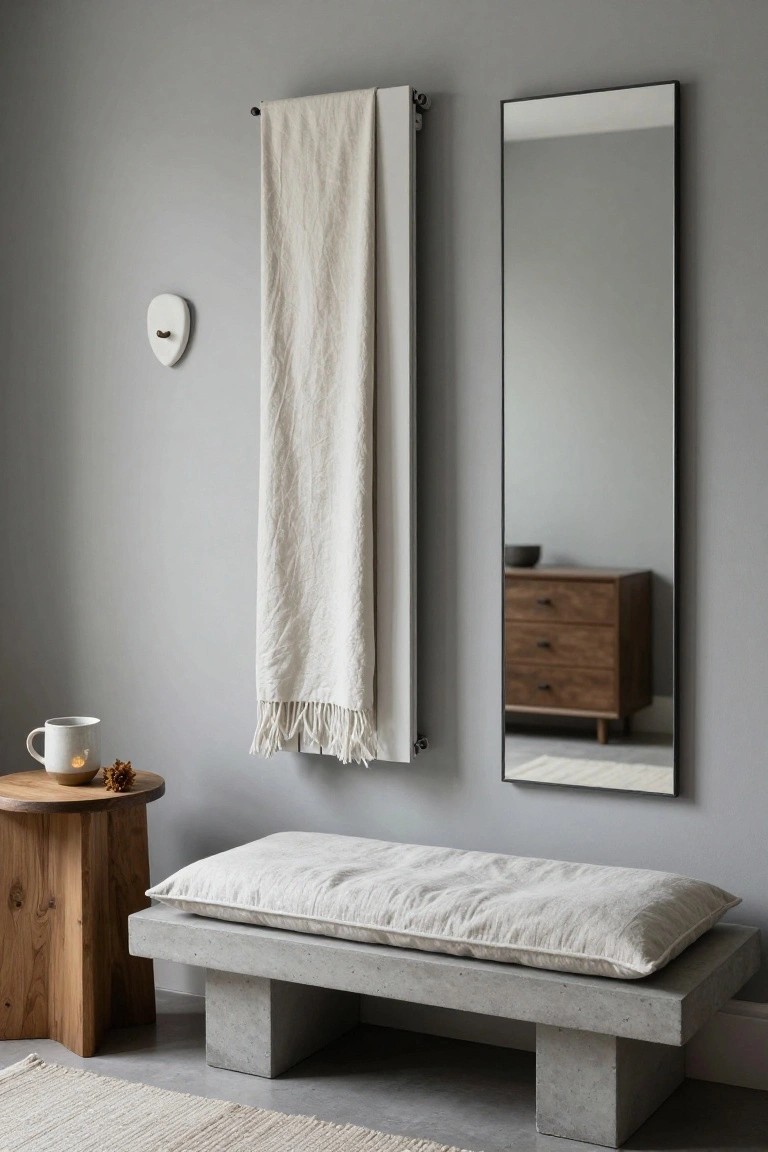 Minimalist interior with light gray walls, a white towel on a vertical radiator, tall black-framed mirror reflecting a wooden dresser, concrete bench topped with beige linen cushion, and wooden side table holding white mug and dried flowers.